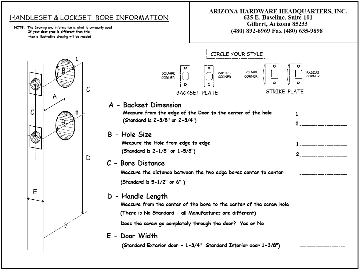 Handleset, Lockset and Bore Information